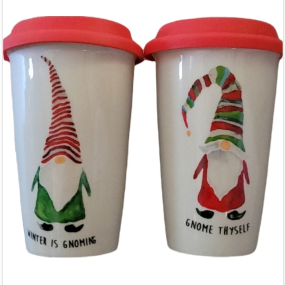 Set of 2 GNOME ELF Christmas Elves Ceramic Travel Tumbler Mugs Silicone Lids NEW